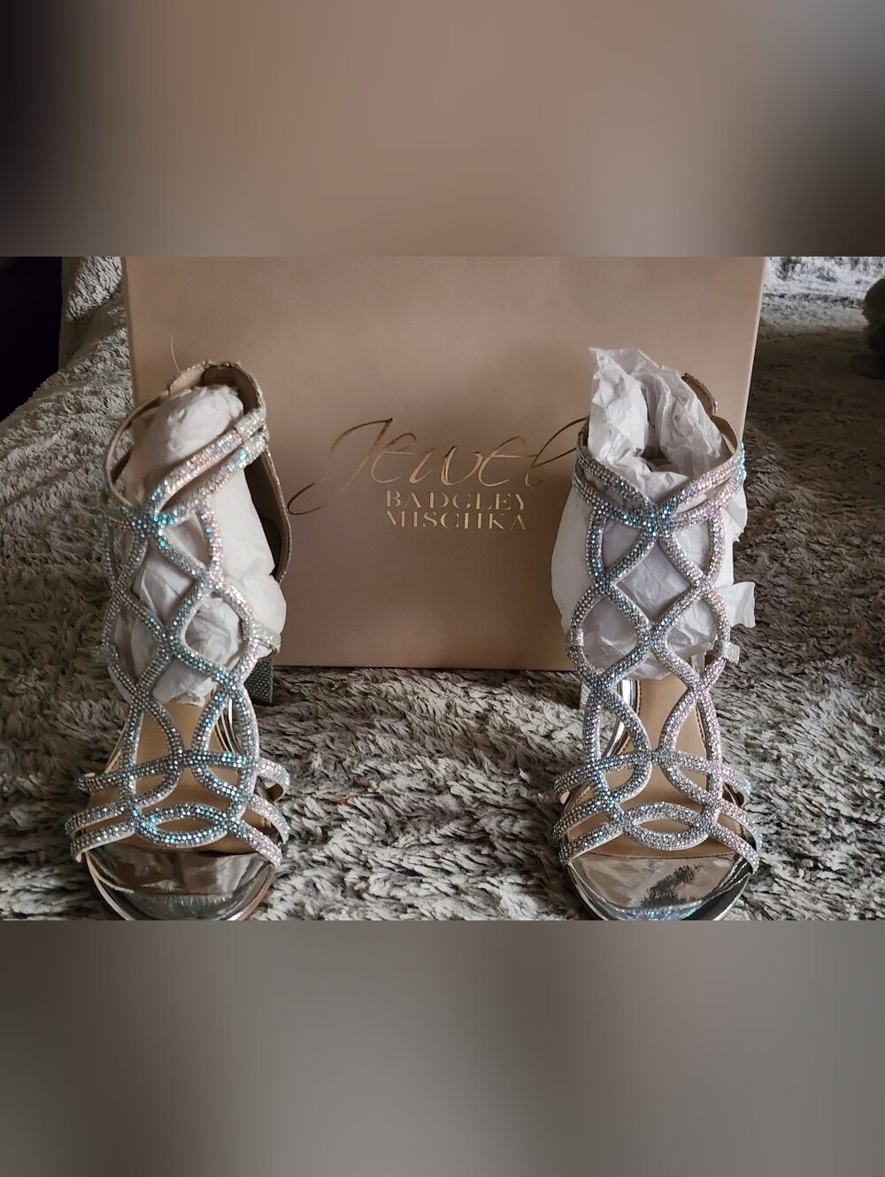 Jewel Badgley Mischka Silver Crystal Strappy High Heels - Picture 2 of 10